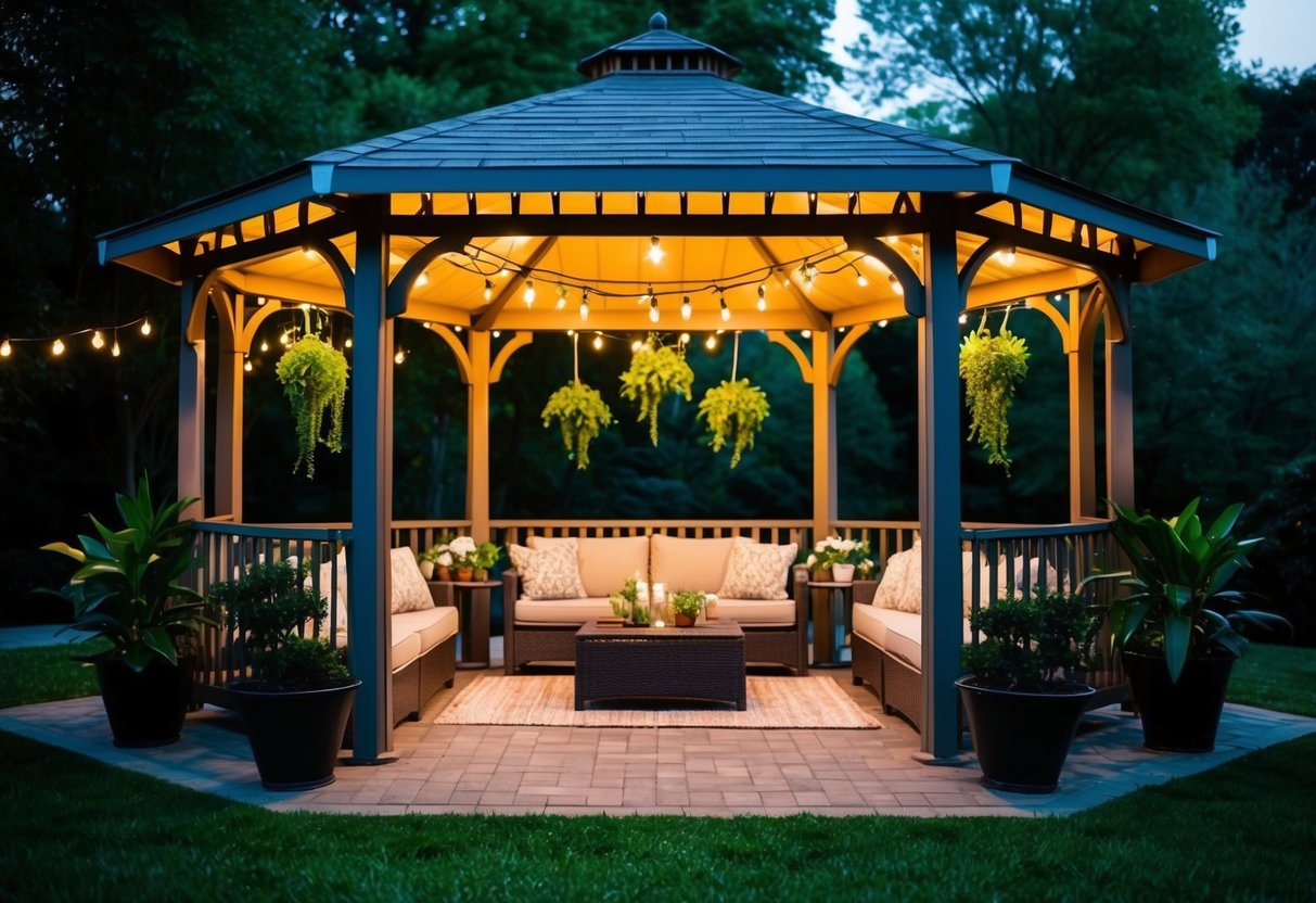 A gazebo with string lights, hanging plants, and cozy seating