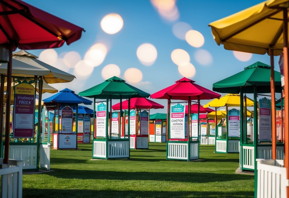 A colorful array of gazebos displayed with promotional banners and signs