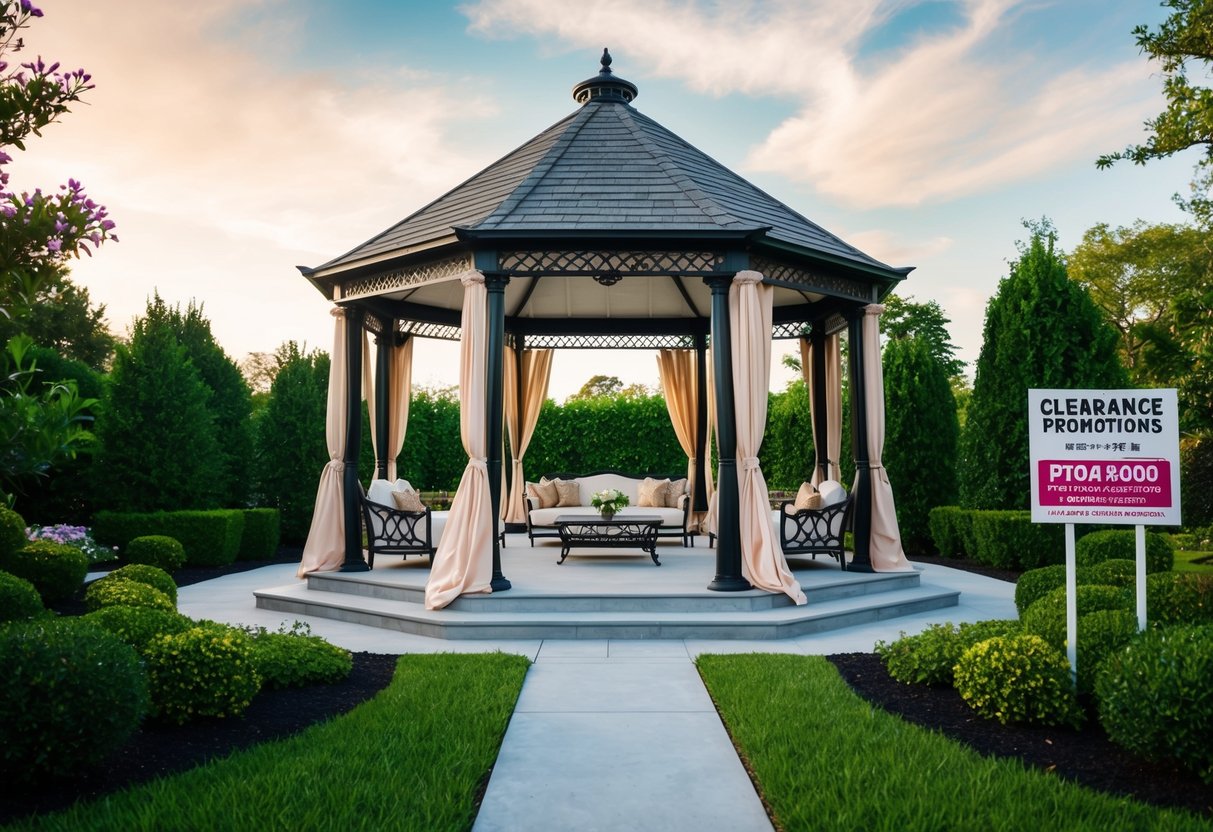 A spacious gazebo surrounded by lush greenery, adorned with elegant furnishings and draped in luxurious fabric, with a sign promoting clearance promotions