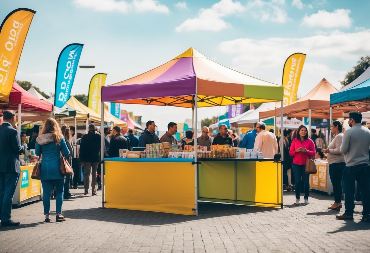 A colorful pop-up gazebo stands in a bustling outdoor market, surrounded by eager customers and promotional banners fluttering in the breeze