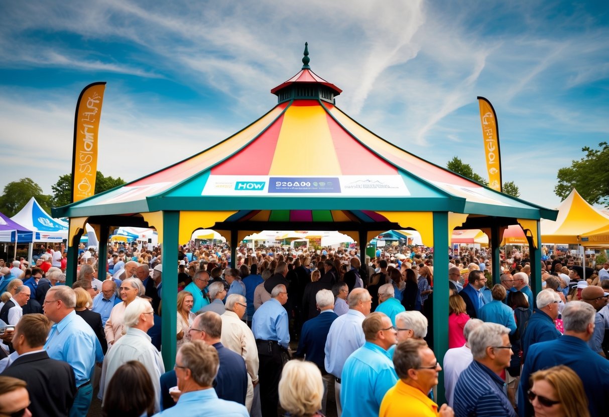 A colorful gazebo with promotional banners, surrounded by a bustling crowd at an outdoor event