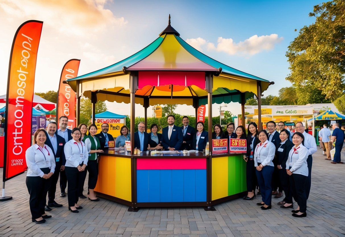 A colorful gazebo with banners and signs surrounded by happy customers and staff