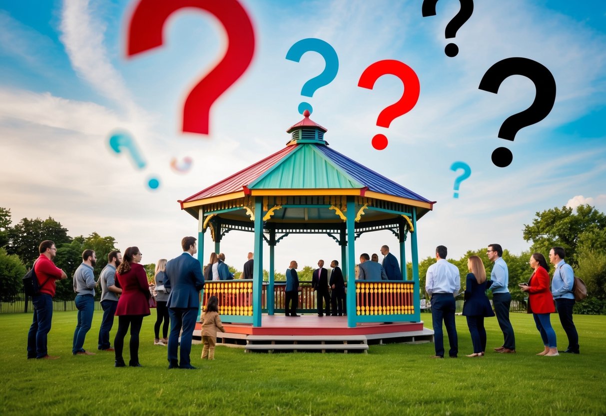 A colorful gazebo surrounded by people with question marks floating above it