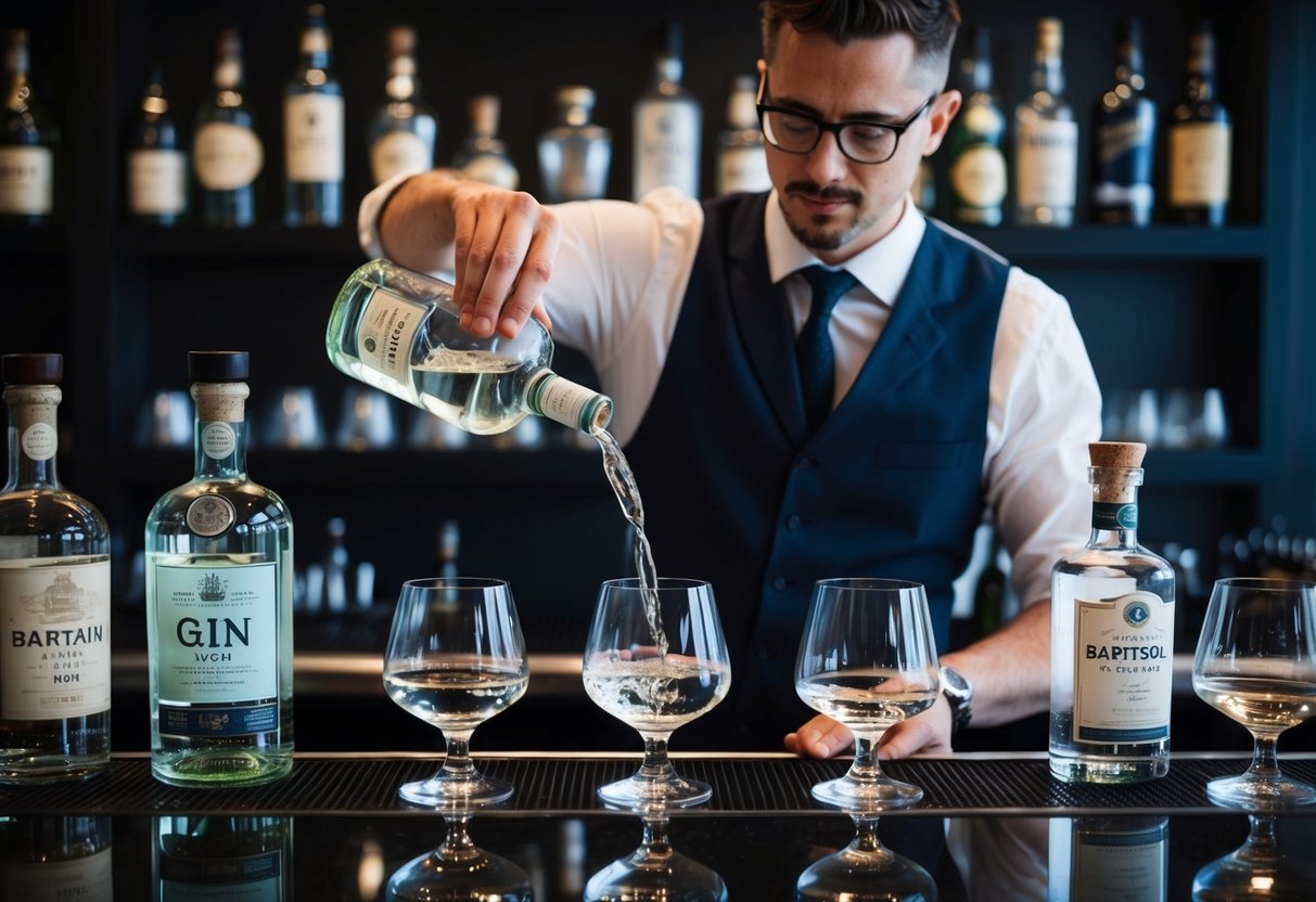 A bartender pouring gin into a glass with various bottles and glasses displayed on the bar counter