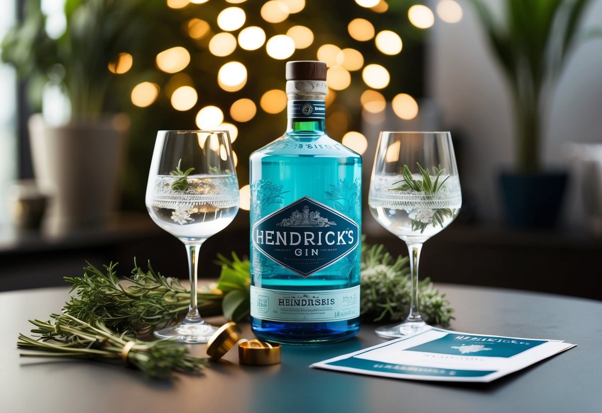 A bottle of Hendricks Gin with two glasses, surrounded by botanicals and promotional materials