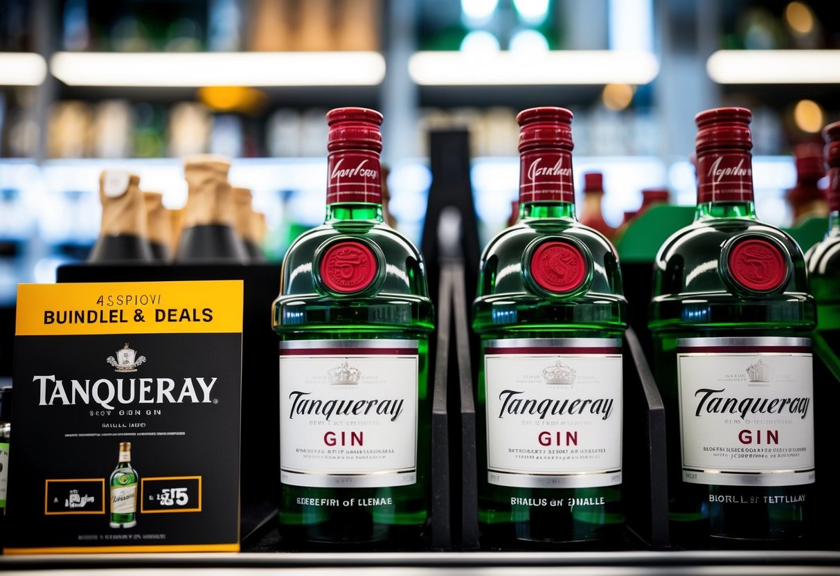 A display of Tanqueray Gin bottles with promotional signage and bundle deals