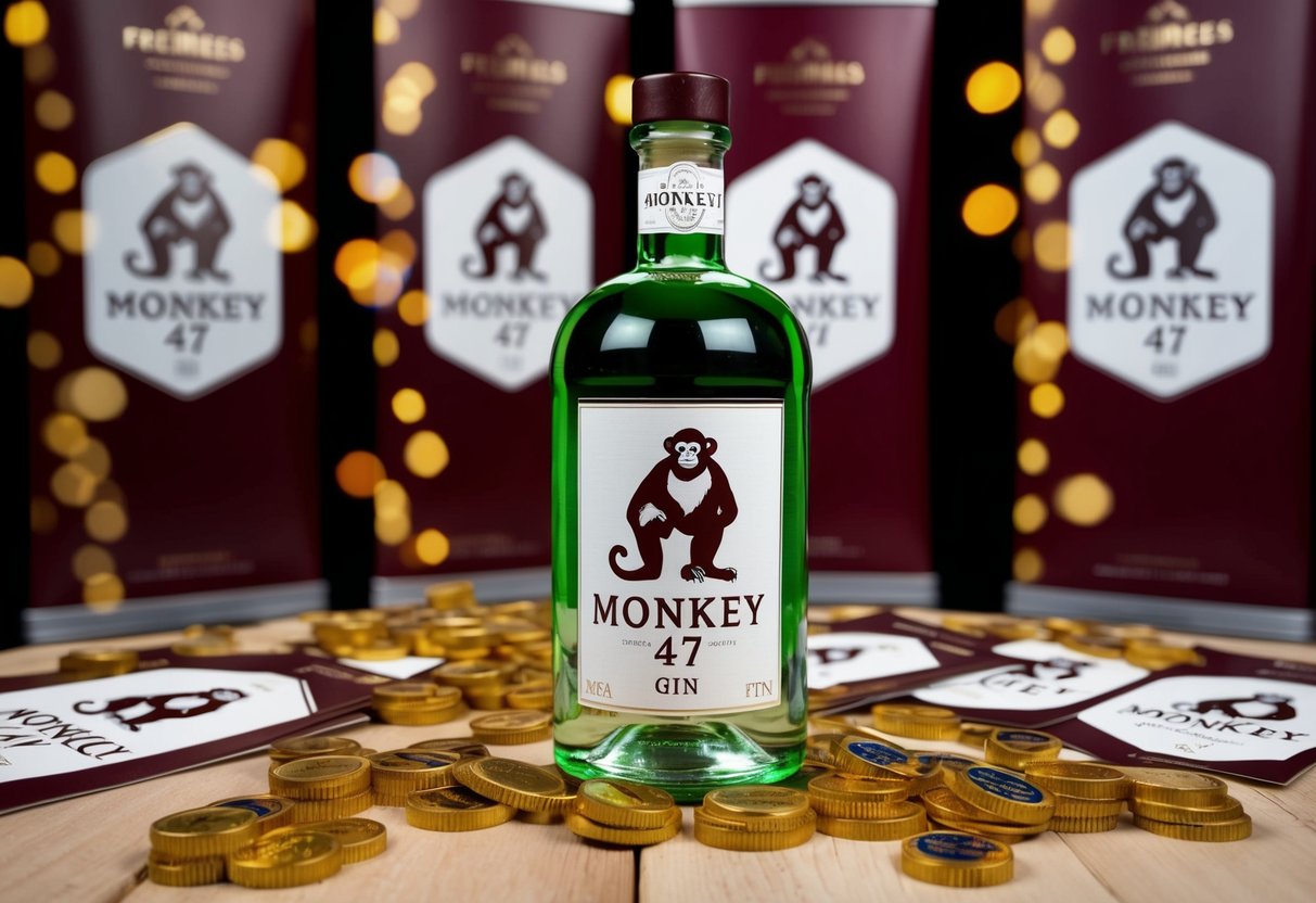 A bottle of Monkey 47 Gin surrounded by promotional banners and signs