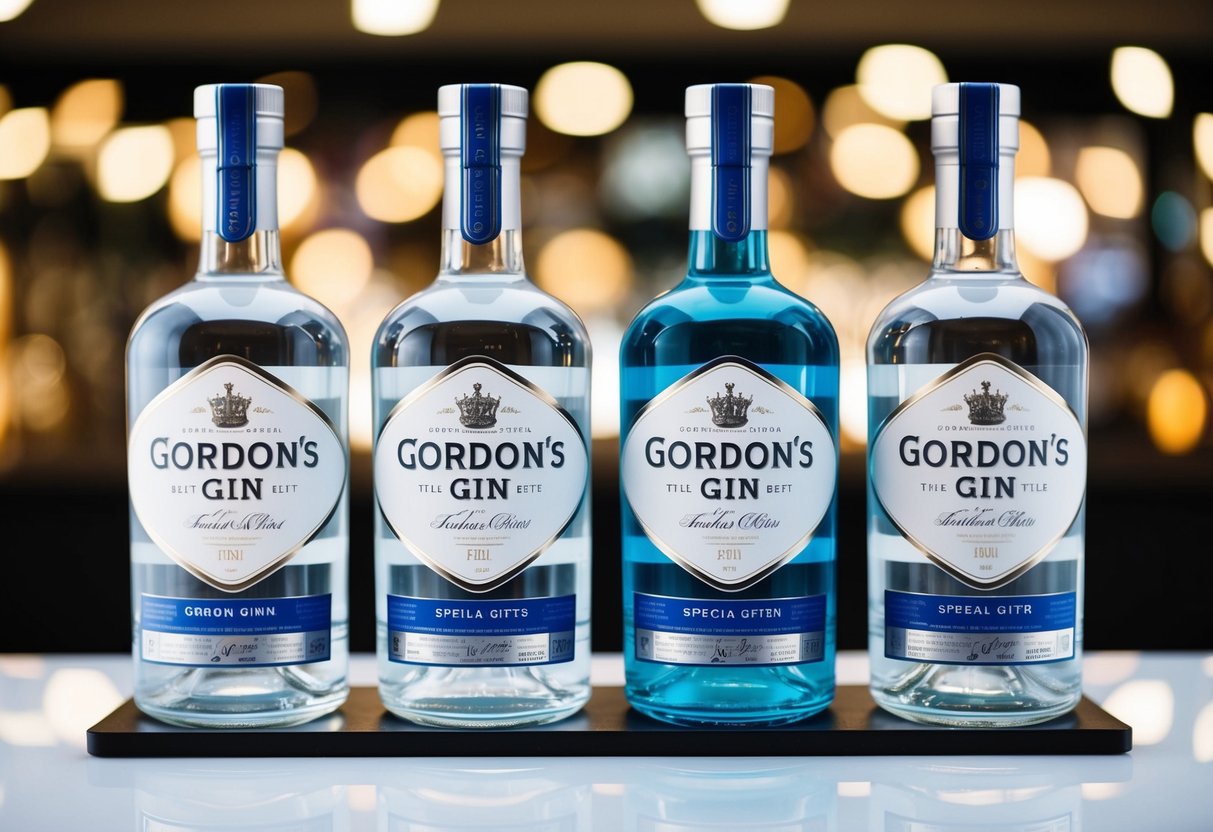 A display of Gordon's Gin bottles with promotional signage and special offer tags