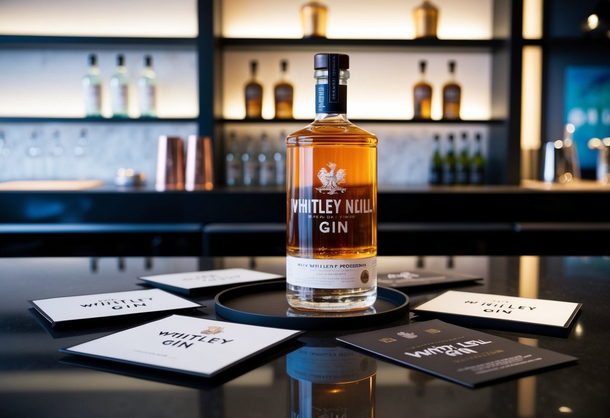 A bottle of Whitley Neill Gin sits on a sleek, modern bar counter surrounded by promotional materials and exclusive packaging
