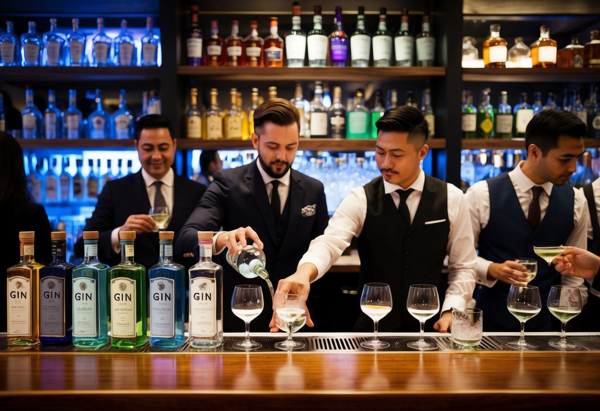 A crowded bar with colorful gin bottles displayed on shelves, a bartender pouring gin into glasses, and customers enjoying samples