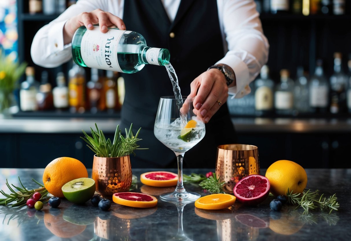 A bartender pouring gin into a glass surrounded by colorful botanicals and fruits, with a backdrop of a stylish bar setting