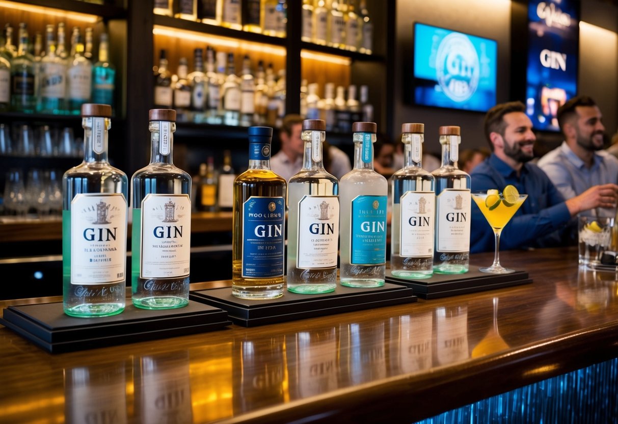 A bar scene with various gin bottles displayed, promotional materials, and customers enjoying the featured gin drinks