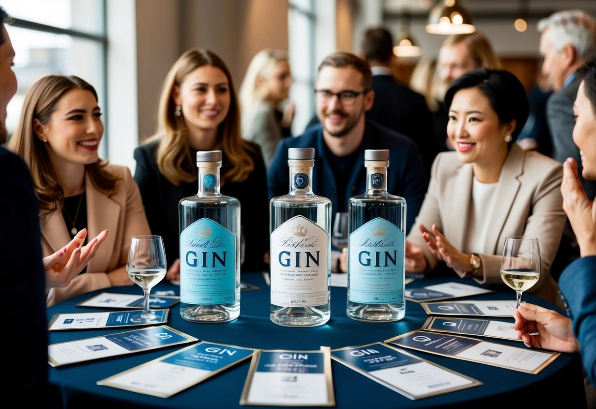 A table with various gin bottles and promotional materials, surrounded by curious customers asking questions