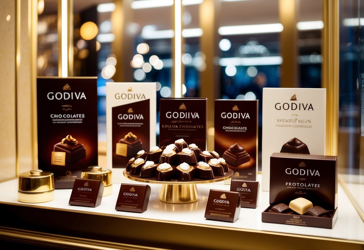 A luxurious display of Godiva chocolates and promotional materials in an upscale store window