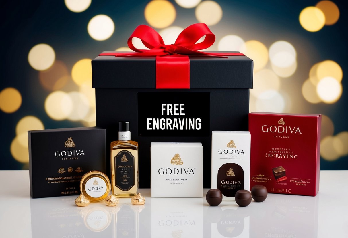 A gift box with "Free Engraving" offer displayed, surrounded by personalized items and Godiva products