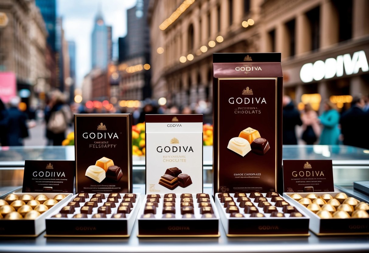 A grand display of Godiva chocolates and promotional materials in a bustling city square