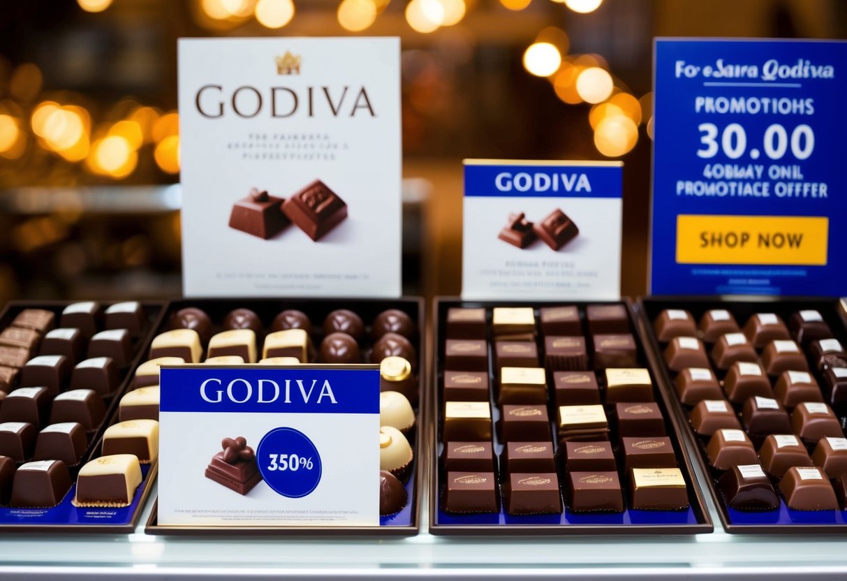 A display of assorted Godiva chocolates with promotional signs and offers
