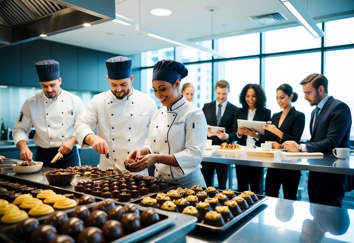 A bustling kitchen with chefs creating decadent chocolates, while a team of marketers strategize in a sleek office