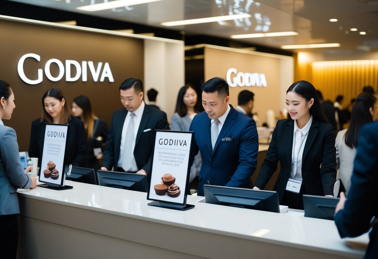 A busy customer service desk with people waiting, a sign promoting Godiva deals, and staff assisting customers with questions