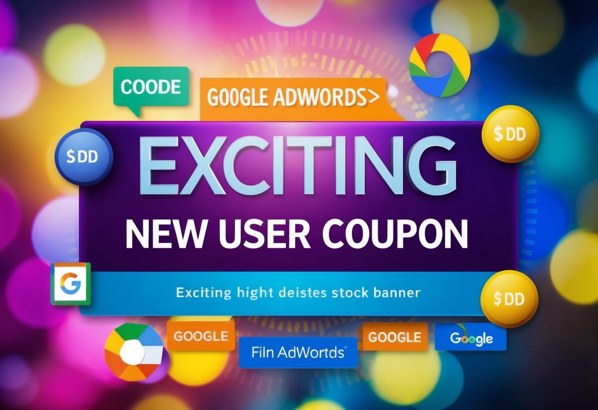 A vibrant digital banner with a bold "Exciting New User Coupon" message surrounded by colorful promotional codes and Google AdWords logos