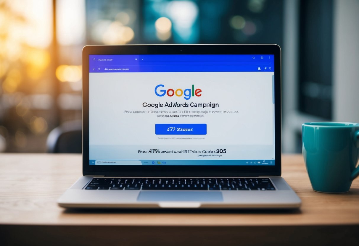 A laptop displaying a Google AdWords campaign with a promotional code and a £75 discount offer