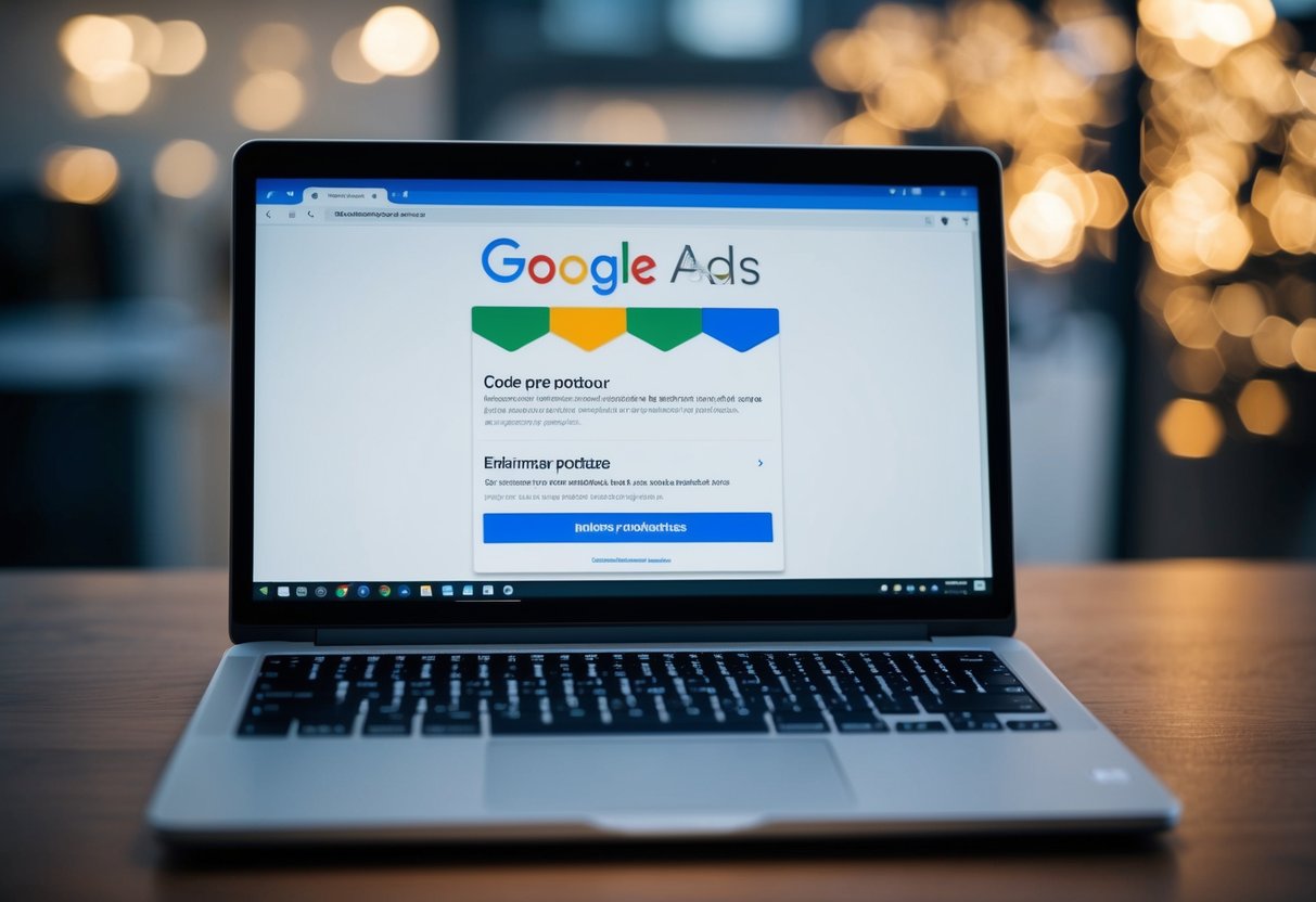A laptop displaying Google Ads interface with code promotions and beginner package options