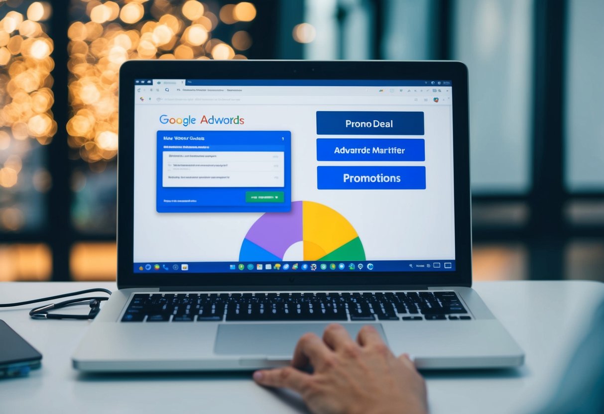 A laptop with a Google AdWords dashboard open, showing promo deal codes and advanced marketer promotions
