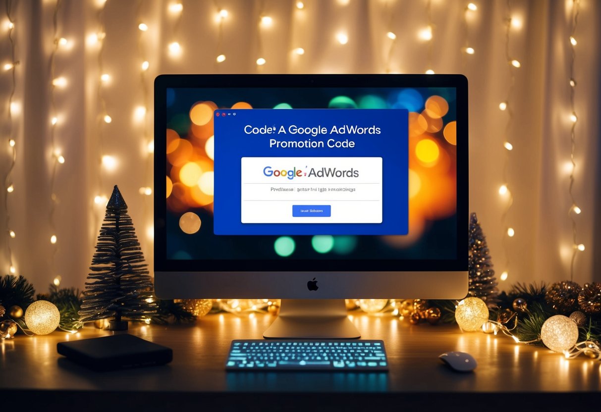 A festive scene with a glowing computer screen displaying a holiday-themed Google AdWords promotion code surrounded by twinkling lights and seasonal decorations
