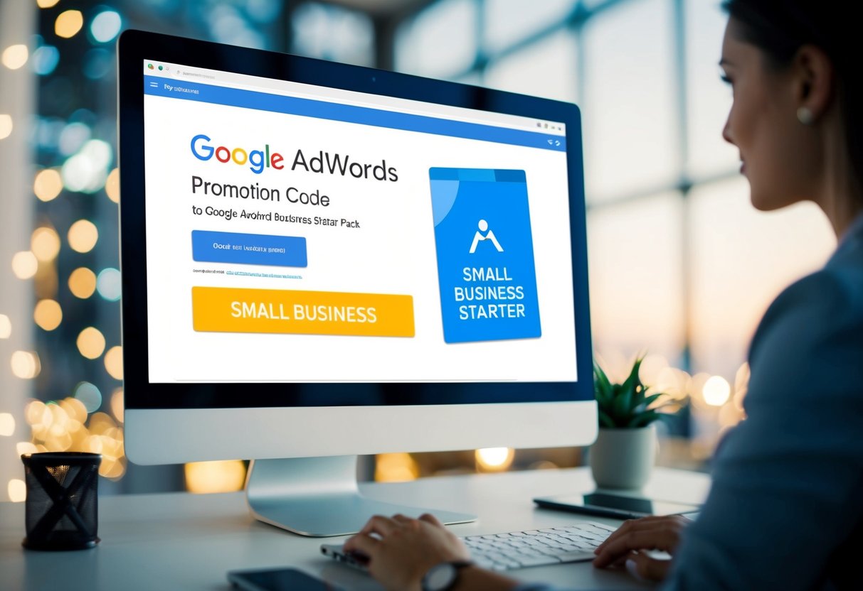 A computer screen displaying a Google AdWords promotion code with a small business starter pack