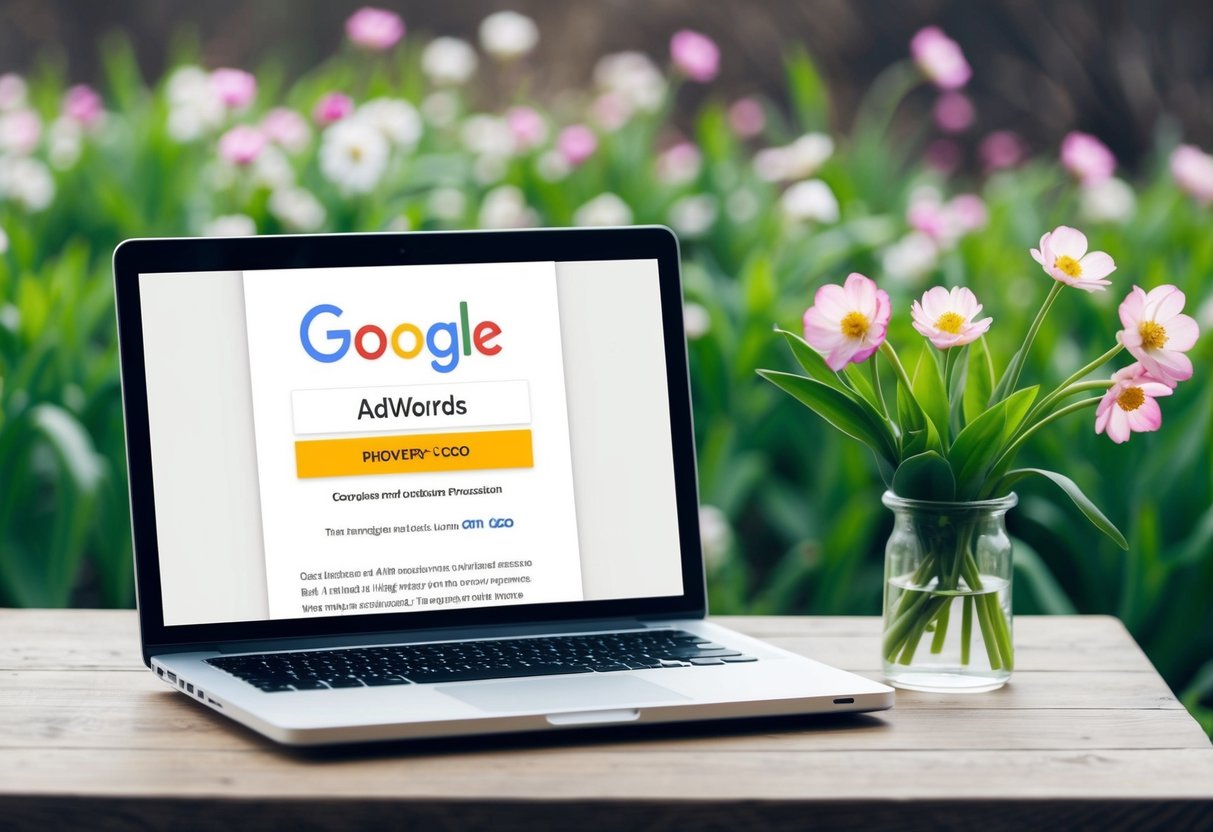 A laptop displaying a Google AdWords promotion with a discount code. Flowers and greenery in the background indicate the spring season