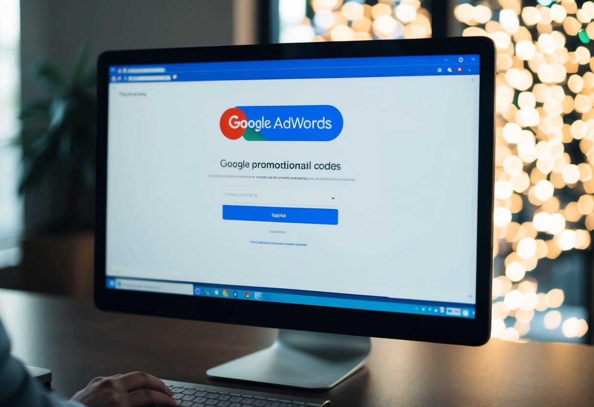 A computer screen displaying Google Adwords promotional codes with a mouse hovering over the code entry field