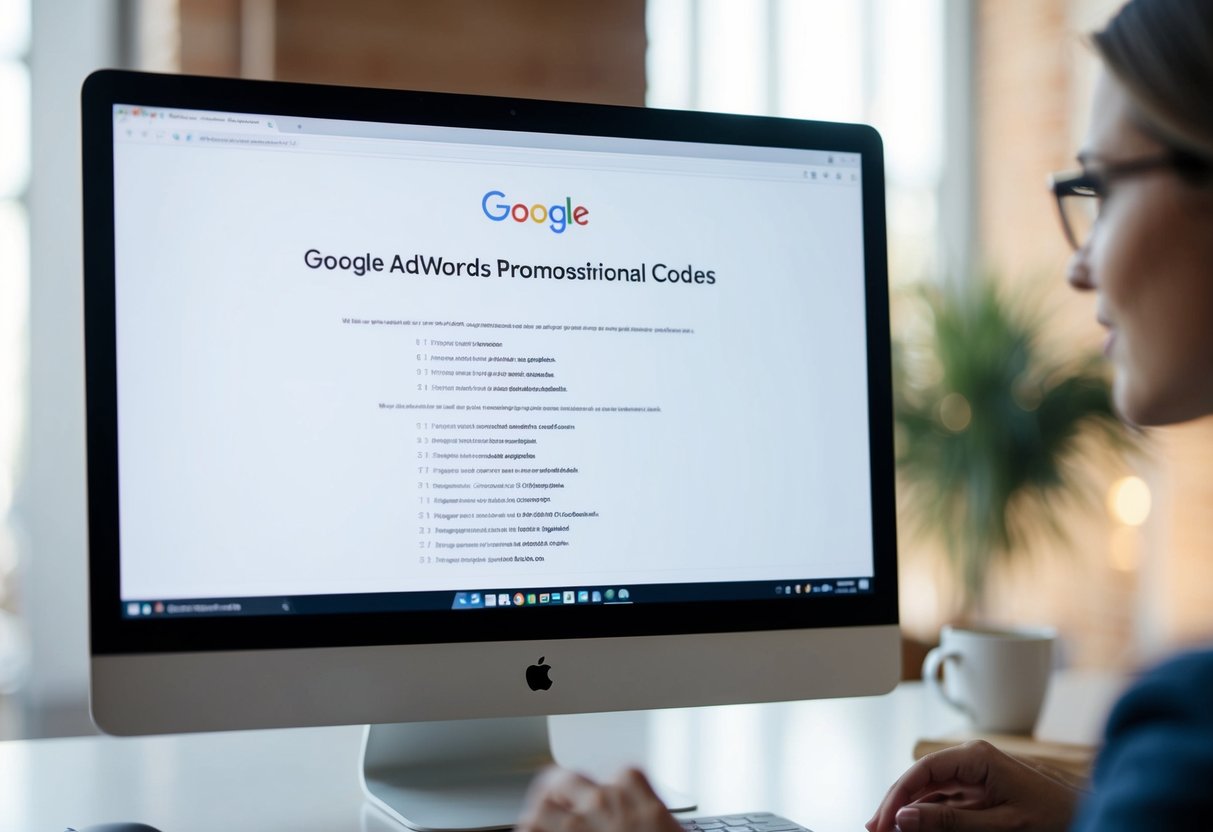 A computer screen displaying Google AdWords promotional codes with a list of frequently asked questions