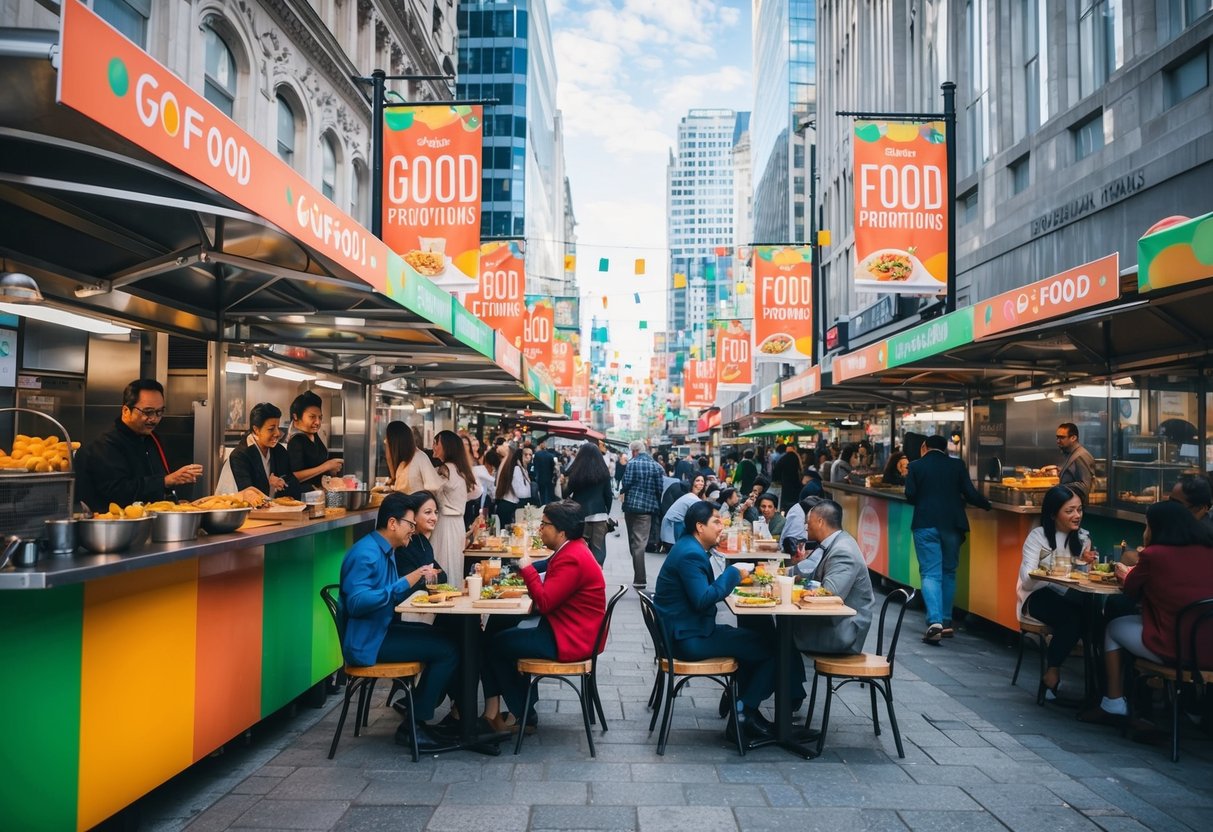 A bustling city street with colorful food stalls and banners advertising GoFood promotions. People are seen enjoying their meals at outdoor tables