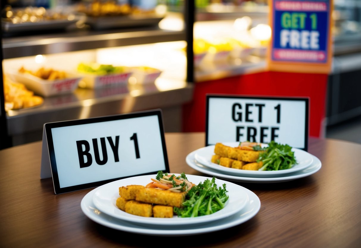 A table with two plates of food, one labeled "Buy 1" and the other "Get 1 Free," surrounded by promotional signage