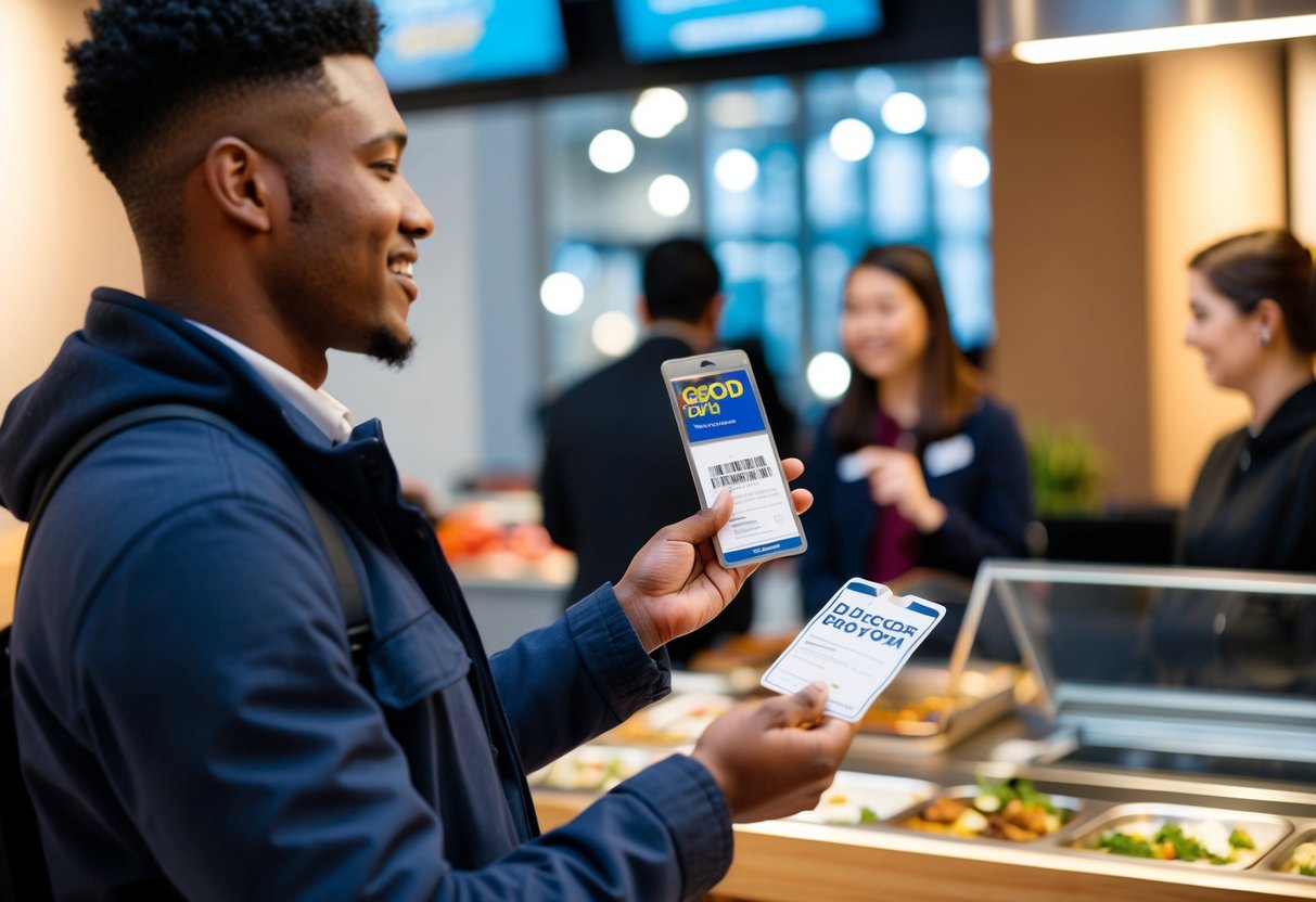 A student holding a valid ID receiving a discount at a gofood promotion