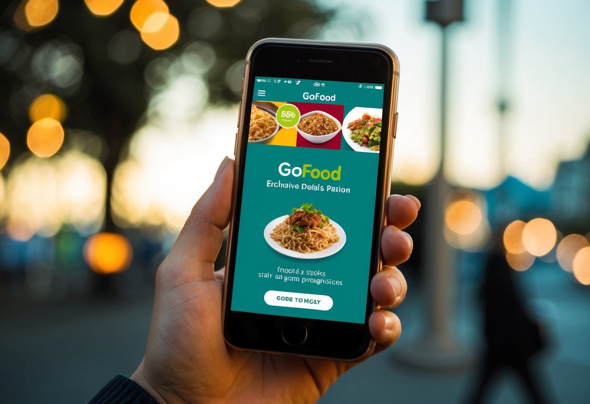 A smartphone displaying the GoFood app with exclusive deals and promotions