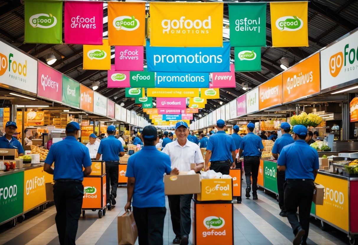 A vibrant, bustling marketplace with colorful banners and signs promoting GoFood promotions. Delivery drivers are busy coming and going with orders
