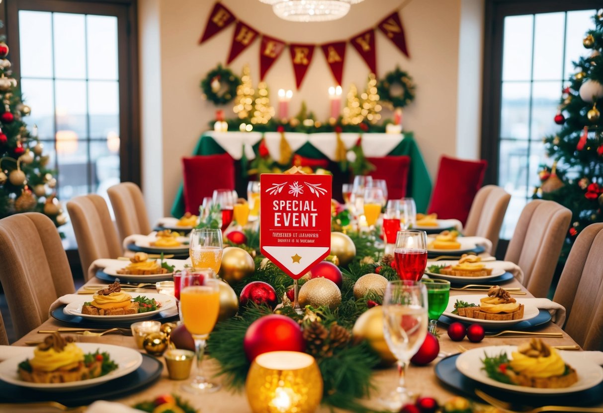 A festive table adorned with seasonal decorations and special event banners, surrounded by tempting food and drink offerings
