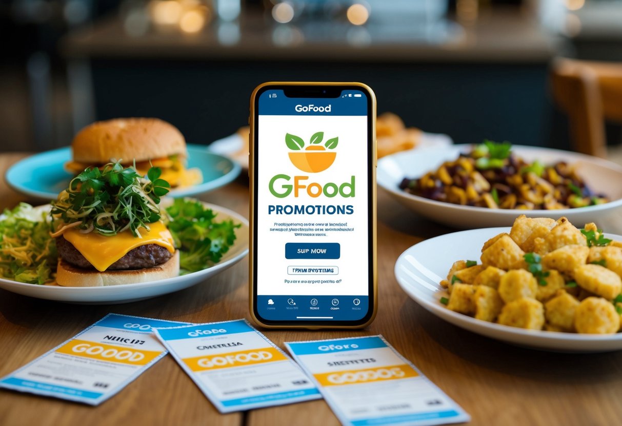 A table with various food items and a smartphone displaying GoFood promotions, surrounded by money-saving coupons and vouchers