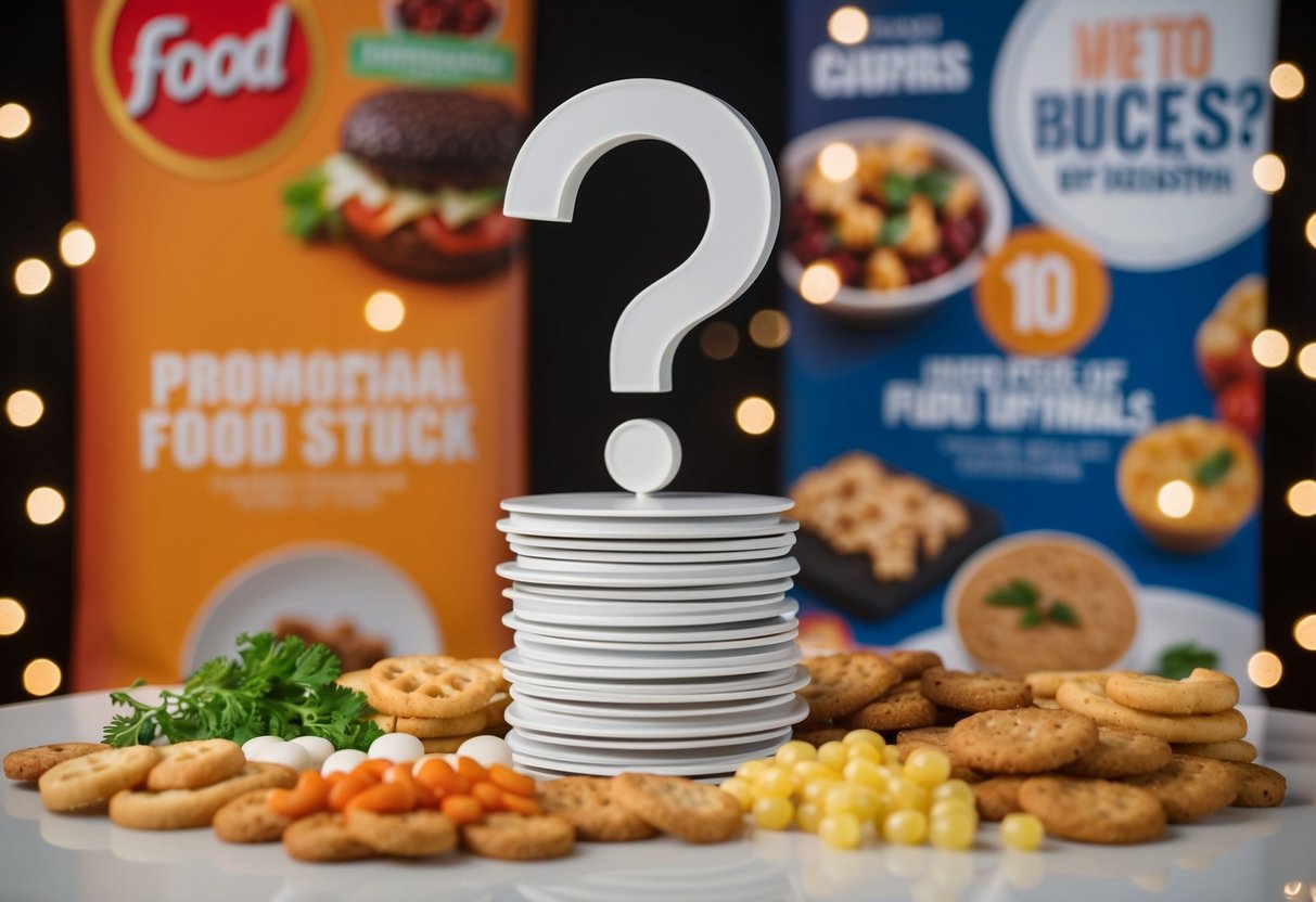 A stack of question marks surrounded by food items and promotional banners