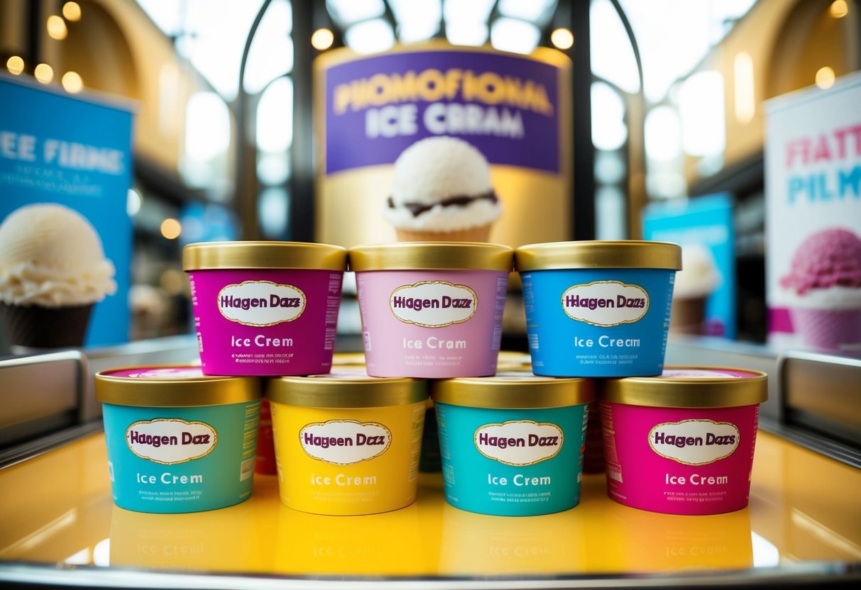 A colorful display of Haagen Dazs ice cream tubs surrounded by promotional signs and banners