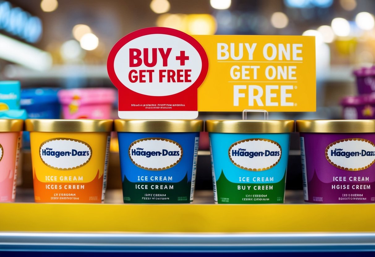 A colorful display of Häagen-Dazs ice cream pints with a prominent "Buy One Get One Free" sign