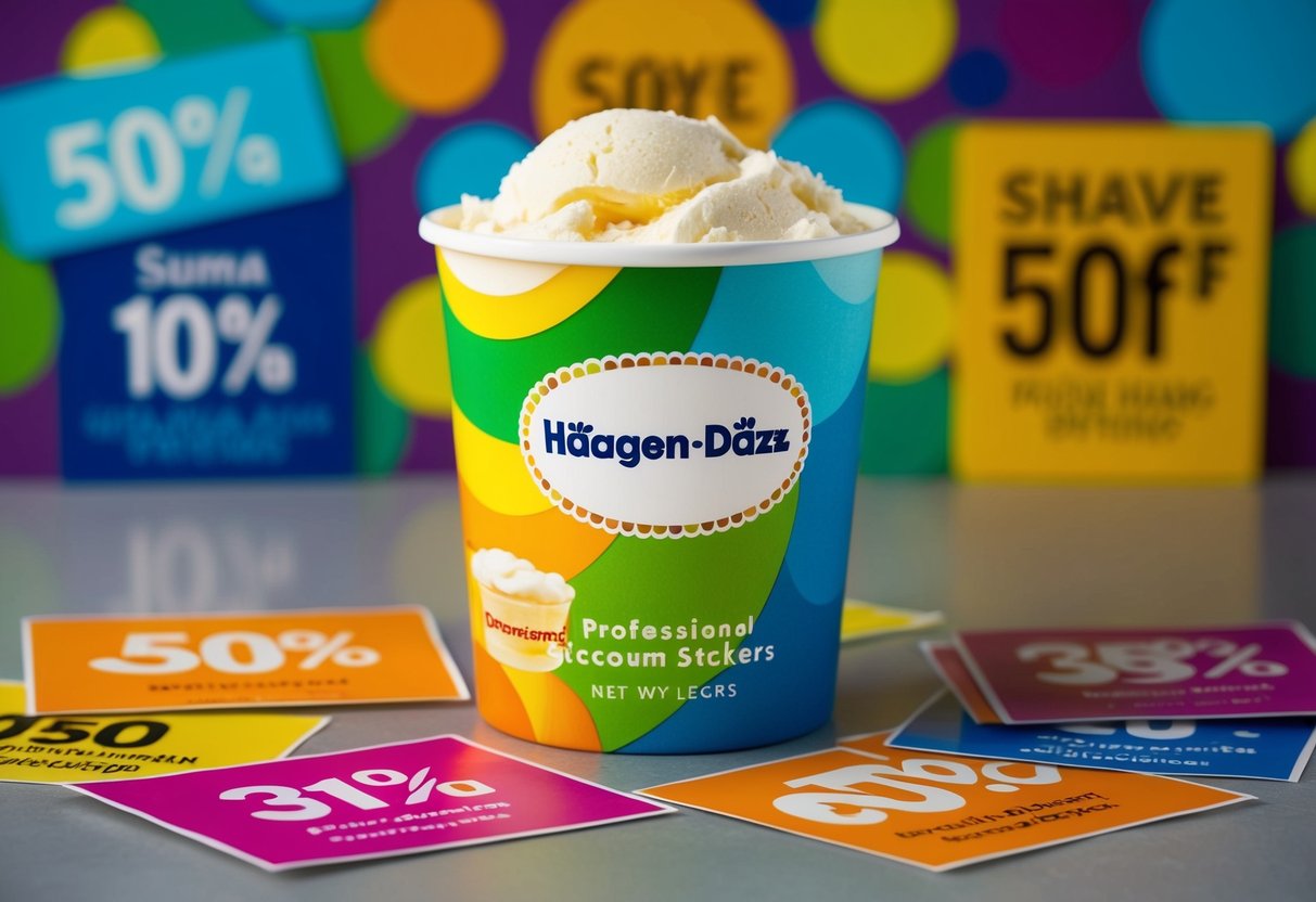 A colorful Häagen-Dazs pint surrounded by vibrant discount stickers and promotional signs