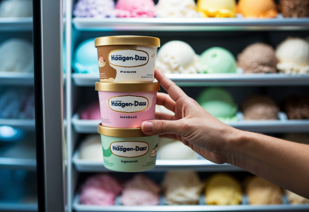 A hand reaching for three Häagen-Dazs pints, with two stacked and the third placed at a slant, against a backdrop of a freezer filled with various ice cream flavors