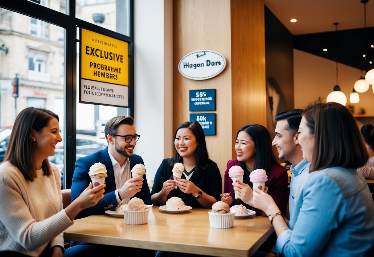 A group of people enjoying Häagen-Dazs ice cream in a cozy café, while a sign advertises exclusive deals for loyalty programme members