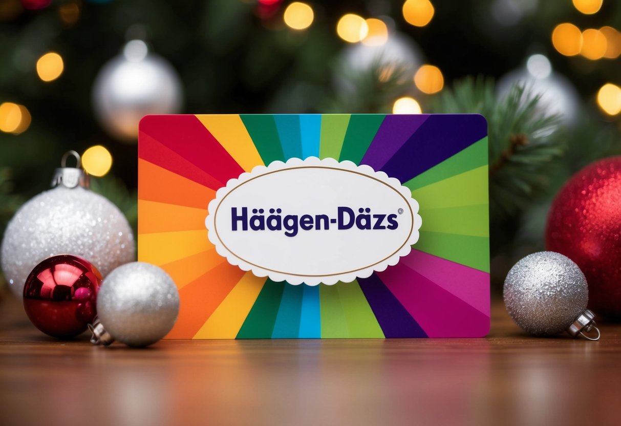 A colorful Häagen-Dazs gift card surrounded by festive winter decorations