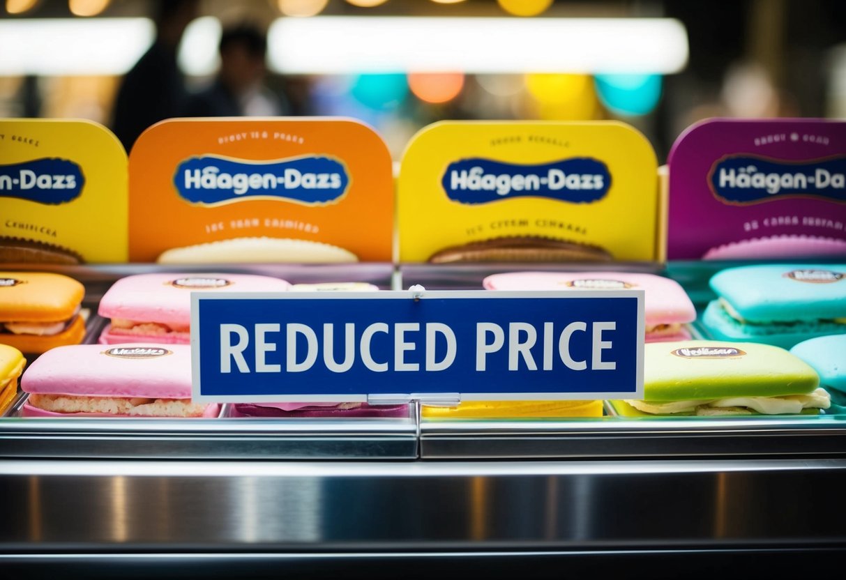 A colorful display of Häagen-Dazs ice cream sandwiches with a prominent "reduced price" sign