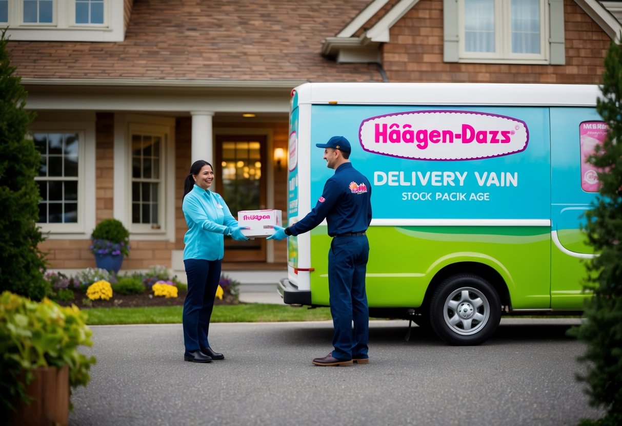 A colorful Häagen-Dazs delivery van parked outside a cozy home, with a delivery person handing over a package to a smiling customer