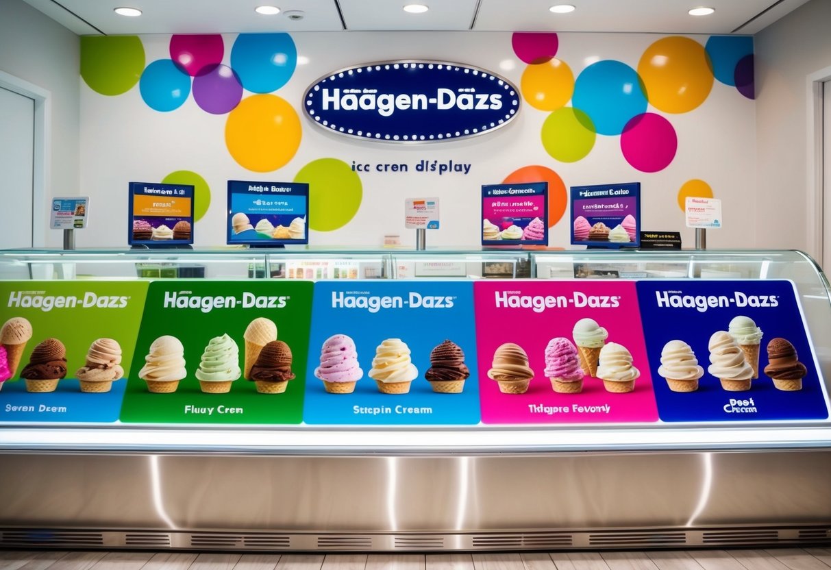 A colorful Häagen-Dazs ice cream display with various flavors and promotional signage. Bright lights and a clean, modern setting