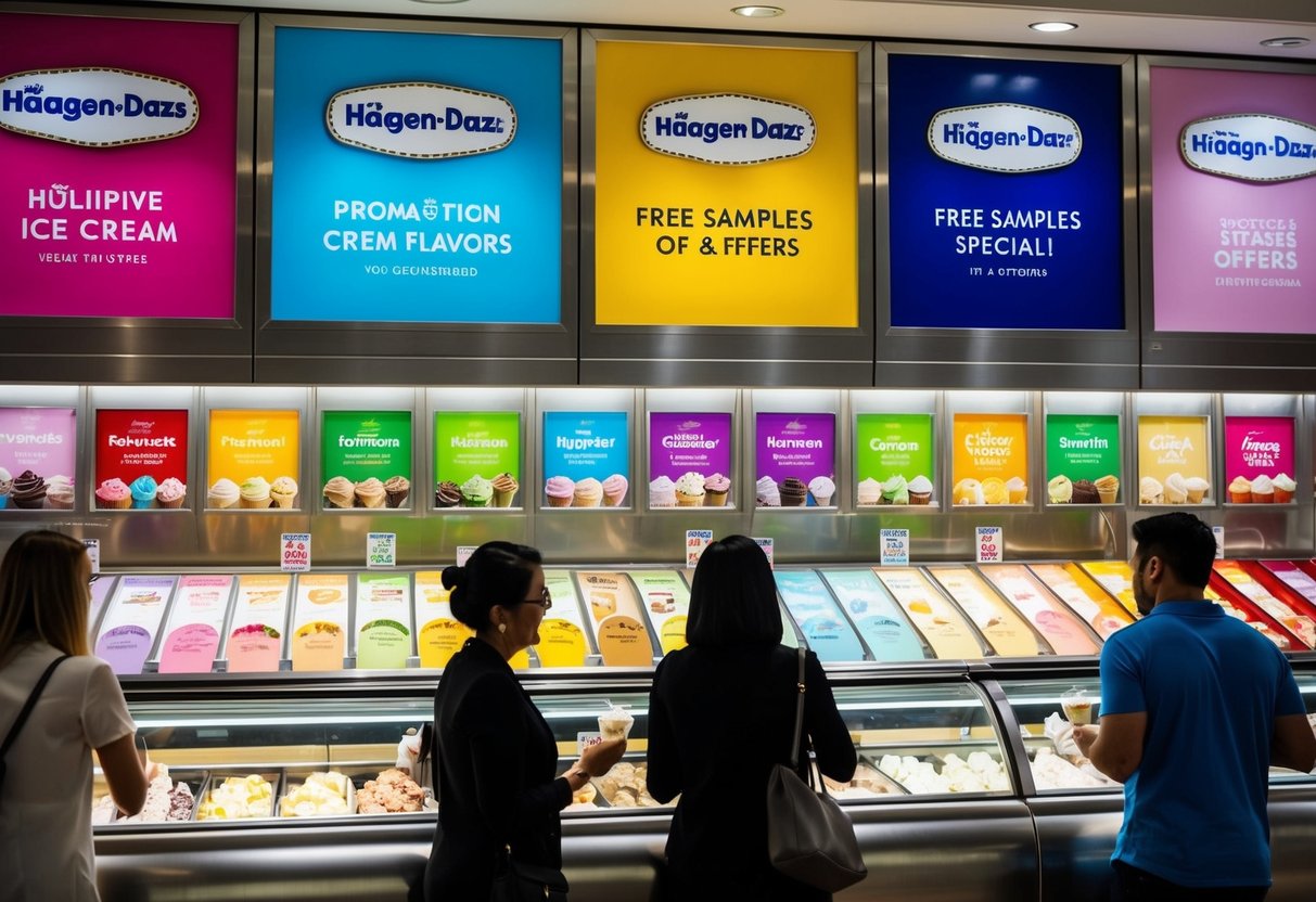 A colorful display of Häagen-Dazs ice cream flavors with promotional signs and banners. Customers enjoying free samples and special offers